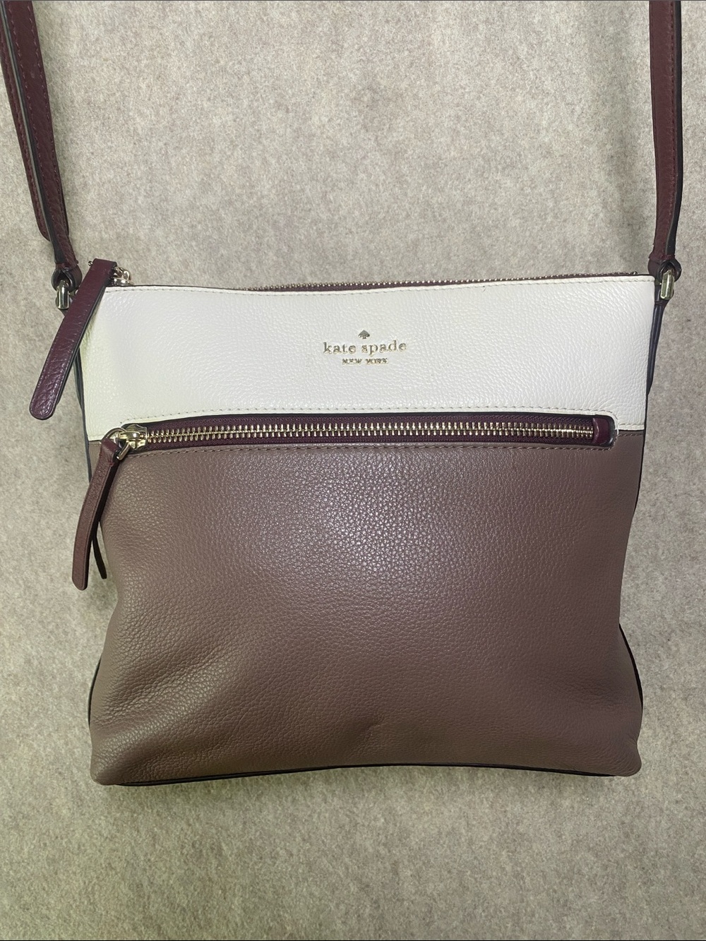 Kate Spade Colorblock Pebbled Leather Crossbody Bag Taupe Cream Burgundy